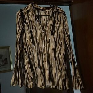 Blouse, shades of black, gray, and browns.